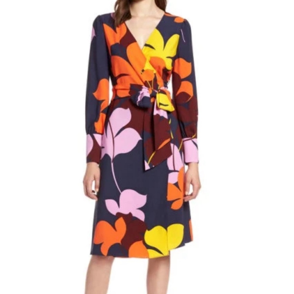 Halogen navy floral long sleeve wrap dress Size Medium